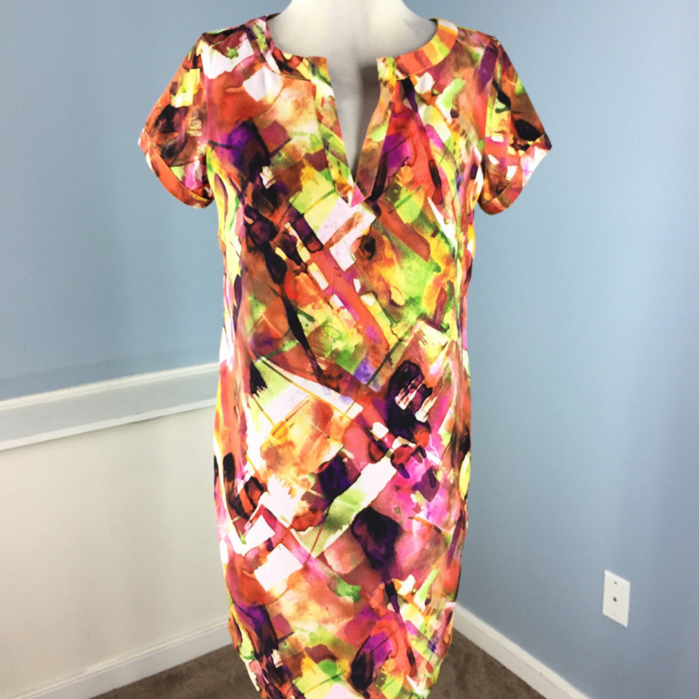 Andrew Marc S 6 Multi Color Print Shift Dress Cap - image 1